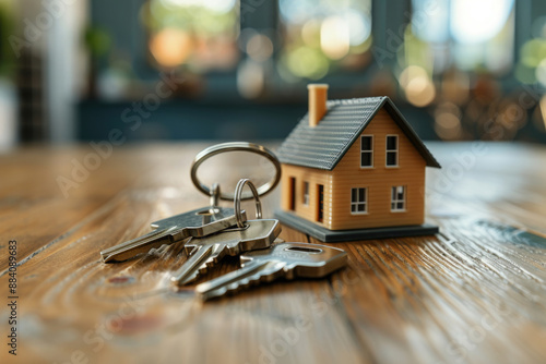 A ready-made house model for demonstration to the client and implementation of the transaction agreement. Miniature house with keys on the table © syhin_stas