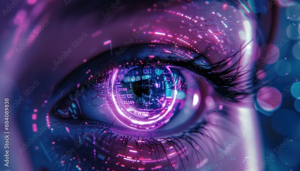 The Optical Biometrics Eye Futuristic Cyberspace Technology Neural Network with Beautiful Colors Scan The Optical Biometrics Eye Futuristic Cyberspace Technology Neural Network with Beautiful Colors Scan