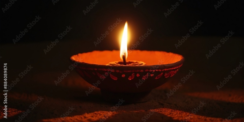 Diwali Festival Wallpaper. A Diya lamp burning in the dark with copy space.