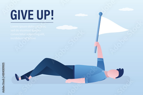 Loser fallen and cannot get up. Businessman waving white flag. Admitting own defeat due to lack of strength and motivation to fight. Metaphor of giving up