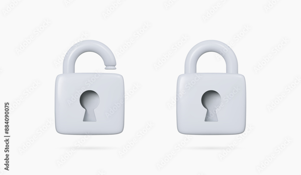 3D Closed and open silver padlock icon set. Data protection and security concept. Grey lock with password. Privacy and encryption. Cartoon creative design icons. 3D Vector illustration
