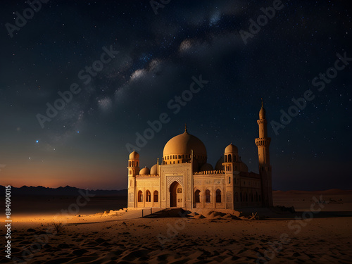 A night scene with a mosque in the middle of the deser  (6)