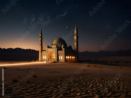 A night scene with a mosque in the middle of the deser  (5)