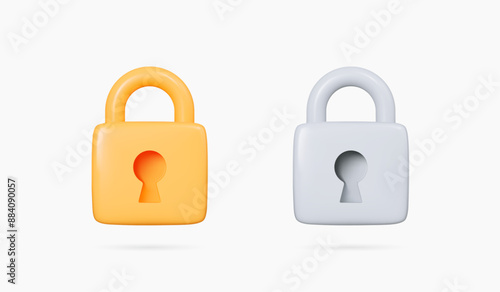 3D Golden and silver lock icon set. Data protection and security concept. Closed yellow and grey padlock. Privacy and encryption. Cartoon creative design icons. 3D Vector illustration