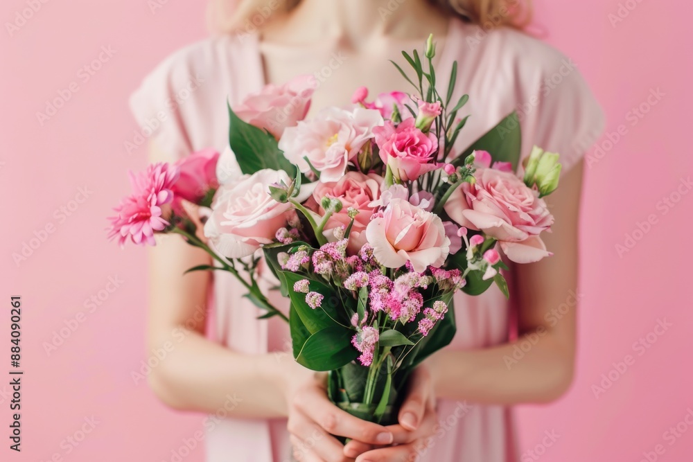 Close up of young woman giving bouquet of flowers on a pink background, Bouquet of flowers for congratulations Close up of young woman giving bouquet of flowers on a pink background, Bouquet of flowers for congratulations
