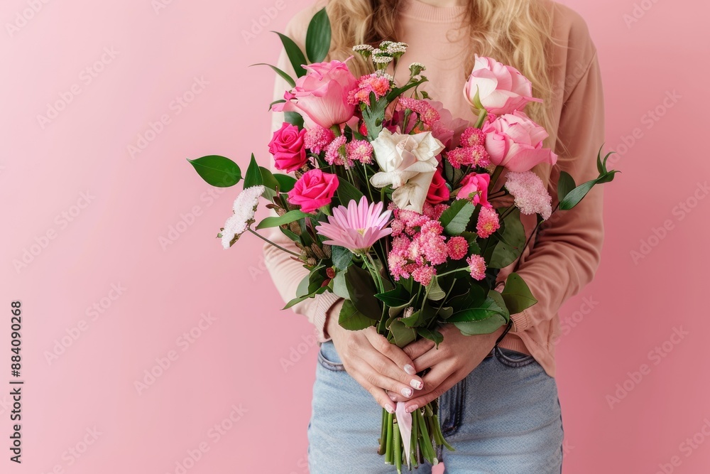 Close up of young woman giving bouquet of flowers on a pink background, Bouquet of flowers for congratulations Close up of young woman giving bouquet of flowers on a pink background, Bouquet of flowers for congratulations