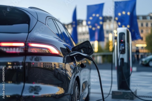 Close up Rear side of a luxurious SUV car parked beside a charging station with EU flag in background