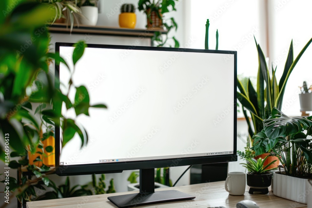 Close up white screen Mockup of modern monitor in colorful room with plants Close up white screen Mockup of modern monitor in colorful room with plants