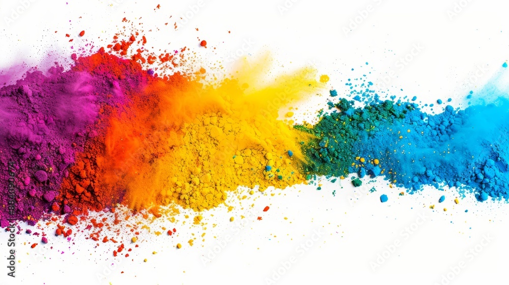 Obraz premium Vibrant rainbow-colored holi powder explosion, isolated on a white background, wide panorama