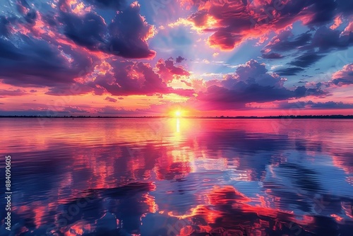 A vibrant sunset over a serene lake, with reflections of the colorful sky on the water's surface. 