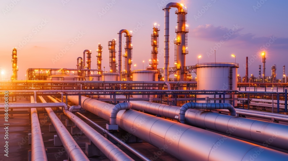 Petrochemical refinery at dusk with bright lights illuminating complex pipelines and storage tanks, focus cover all object, deep dept of field Petrochemical refinery at dusk with bright lights illuminating complex pipelines and storage tanks, focus cover all object, deep dept of field