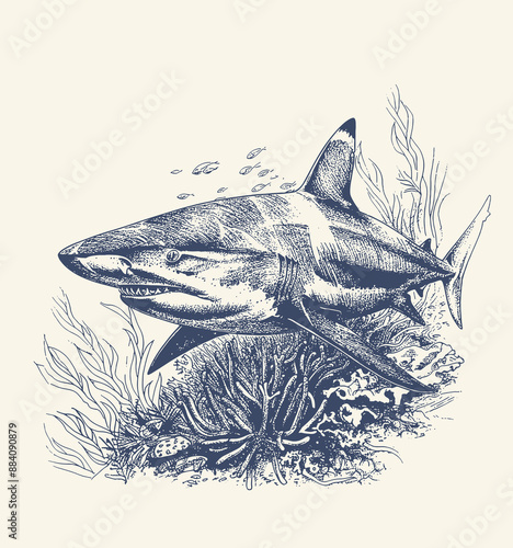 Hand Drawn Engraving Pen and Ink White Shark Vintage Vintage Vector
Iustration