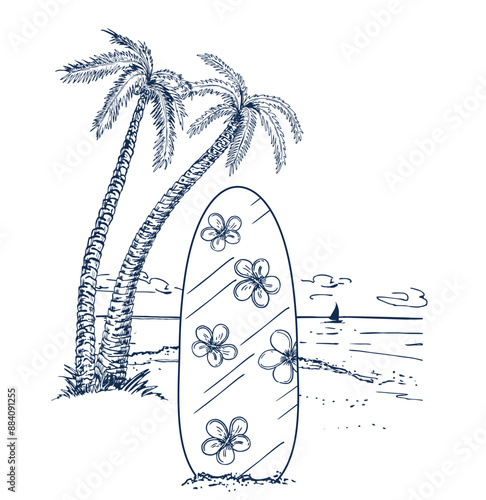 Surfboard on a beach. Sketch style. Surfing beach landscape, panorama view with waves and palm trees. Illustration of surf board in the sand. Black and white ink vintage sketch.