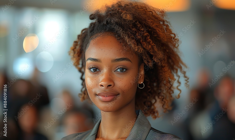 A confident African American business woman stands before a crowd. A confident African American business woman stands before a crowd.