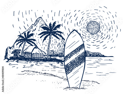 Surfboard,  paddle board on sand. Palm, sand, ocean on background. Stand up paddle boarding. Sketch