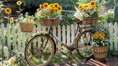 A charming garden with a vintage bicycle leaning against a picket fence, baskets filled with blooming daisies and sunflowers. photo