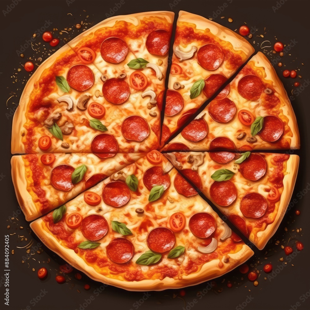 A delicious pepperoni pizza topped with fresh basil A delicious pepperoni pizza topped with fresh basil