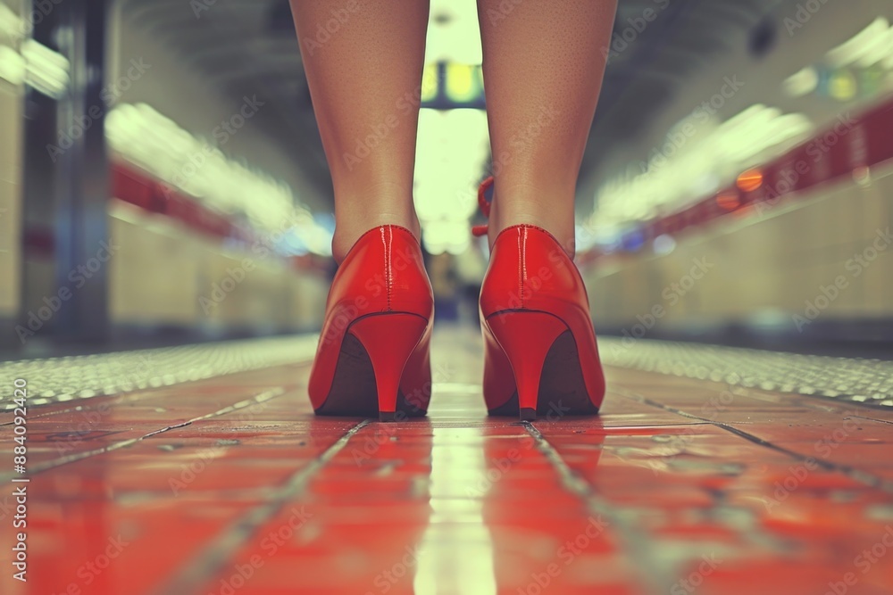 A pair of red heels stand on a subway platform, the woman wearing them out of frame A pair of red heels stand on a subway platform, the woman wearing them out of frame