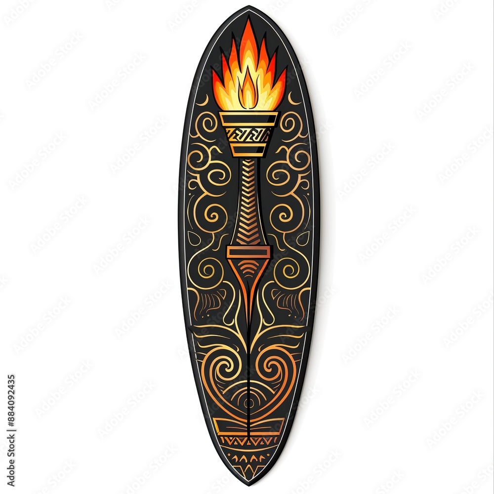 Polynesian surfboard with Olympic torch illustration Polynesian surfboard with Olympic torch illustration