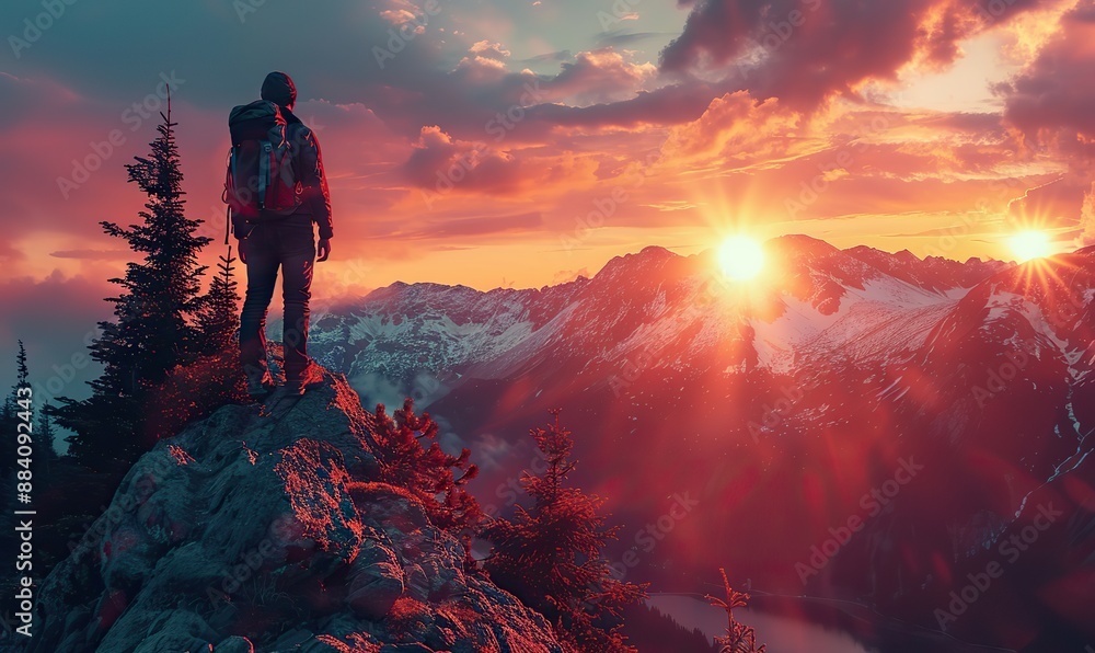 Fototapeta premium The concept of overcoming business challenges to achieve goals is illustrated by a man climbing a mountain towards a flag at the summit.