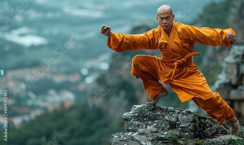 A Shaolin warrior monk, practicing extreme kung fu, leaped from a high cliff. photo