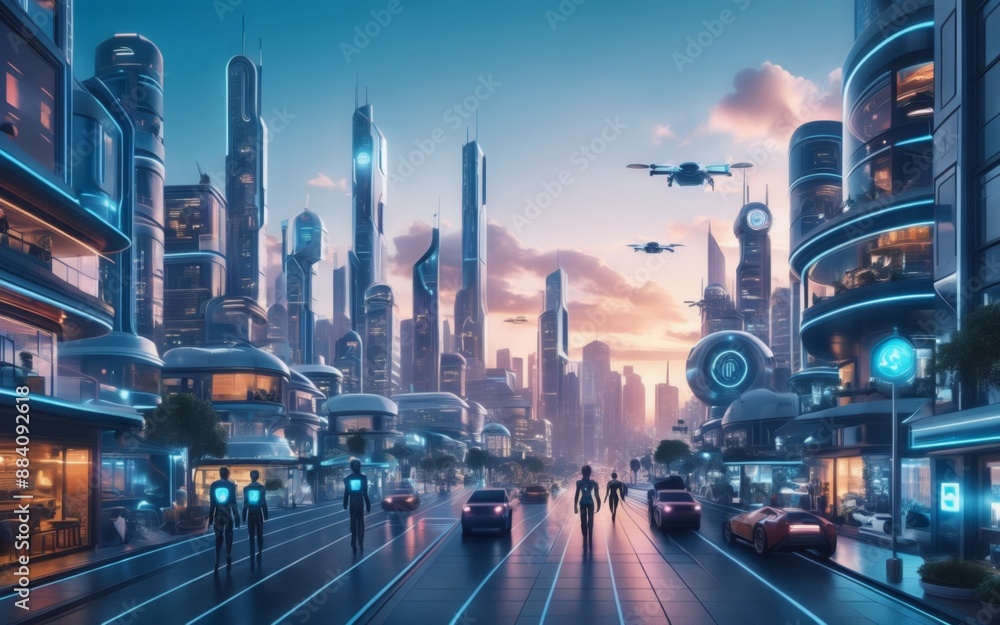 Naklejka premium Futuristic Cityscape with Autonomous Vehicles and AI Powered Patrol Drones