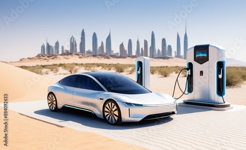 Electric Cars Charging in Futuristic Desert City