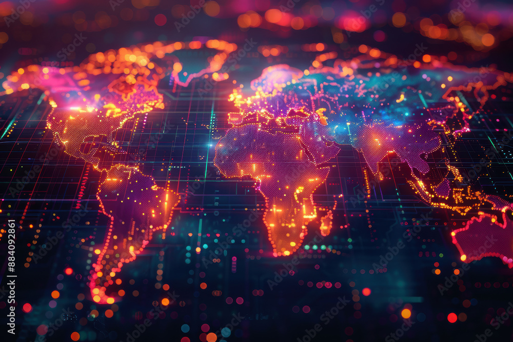 A vibrant digital map of the world showcasing glowing city lights and network connections, symbolizing global communication and technology. A vibrant digital map of the world showcasing glowing city lights and network connections, symbolizing global communication and technology.