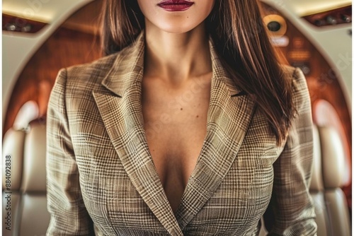 A woman wearing a plaid blazer, sitting in the luxurious interior of a private jet