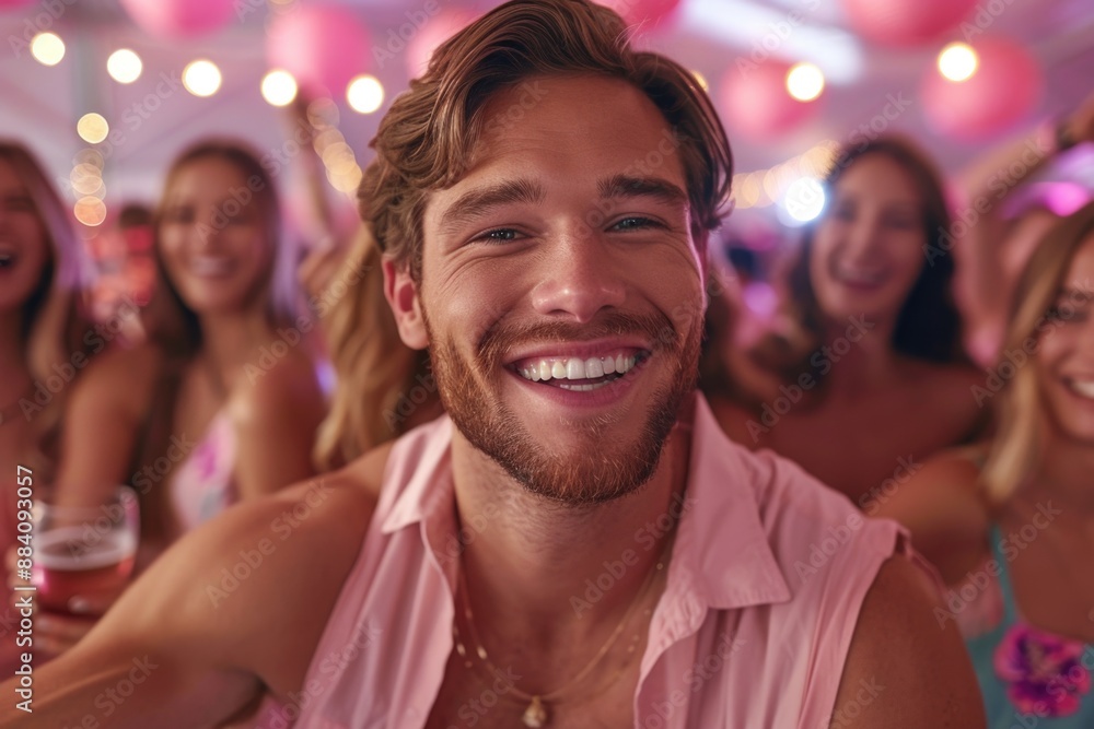 Fototapeta premium A man with a beaming smile stands in front of a group of friends, all enjoying a festive atmosphere