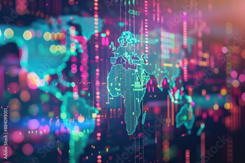 Vibrant global digital data visualization with world map and colorful lights, representing technology, data analysis, and global connectivity.