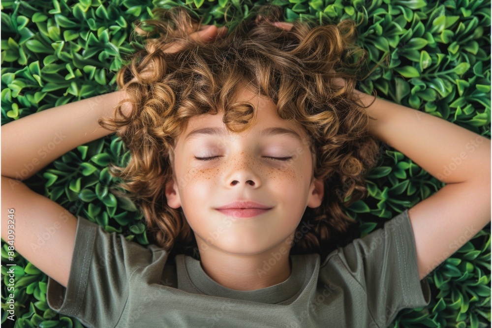 A young child with curly hair lies on a bed of green foliage, eyes closed, arms resting above their head A young child with curly hair lies on a bed of green foliage, eyes closed, arms resting above their head
