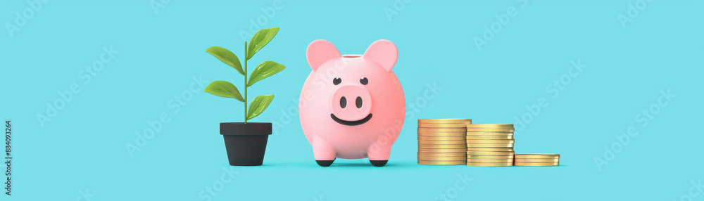 Piggy bank, potted plant, and stacked coins on a turquoise background symbolize savings, investment, and financial growth in a minimalist style. Piggy bank, potted plant, and stacked coins on a turquoise background symbolize savings, investment, and financial growth in a minimalist style.