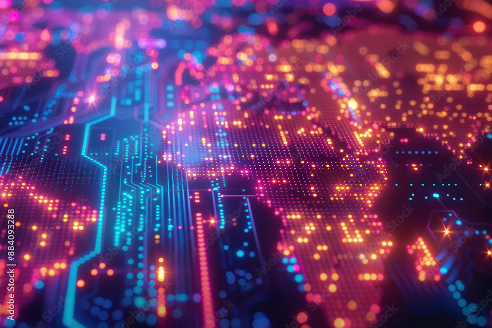 Fototapeta premium A vibrant digital rendering of a world map showcasing the interconnectedness of global technology and data networks through vivid colors and complex circuits.