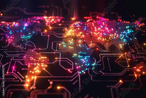 Illuminated world map with vibrant neon lights representing global digital connectivity and technological advancement.