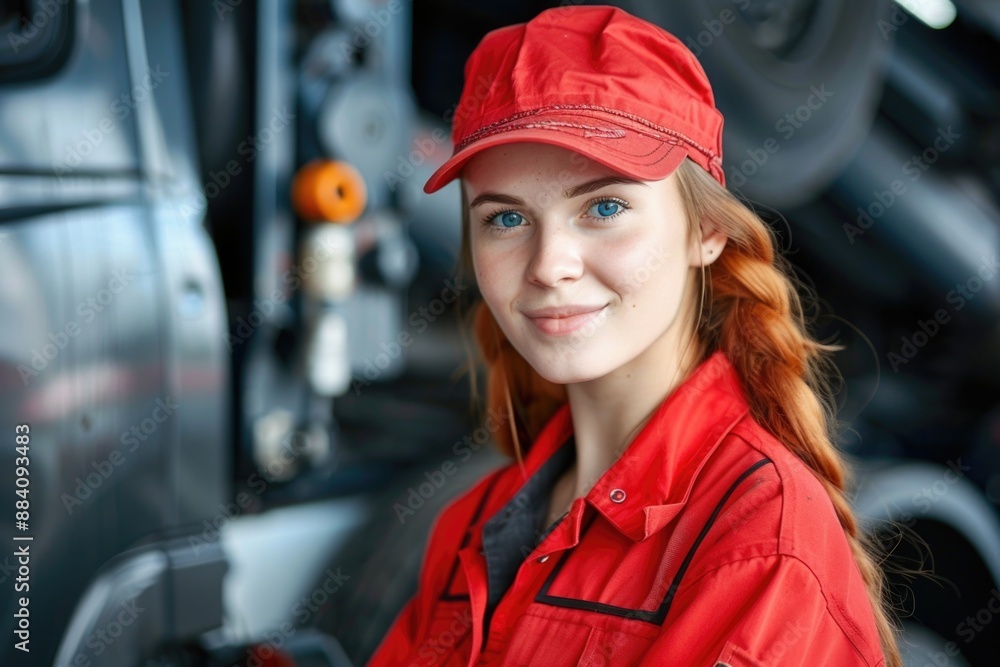 A young woman wearing a red jumpsuit and cap smiles warmly while standing in a garage A young woman wearing a red jumpsuit and cap smiles warmly while standing in a garage