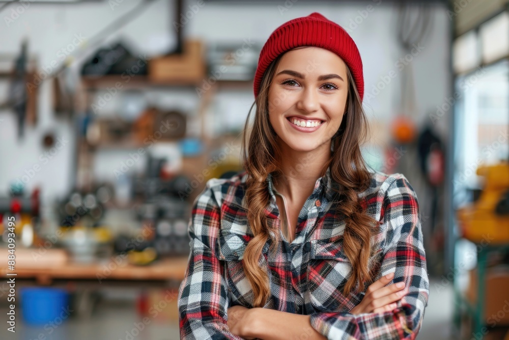 A woman wearing a red beanie and a plaid shirt stands with her arms crossed, smiling confidently in a workshop setting A woman wearing a red beanie and a plaid shirt stands with her arms crossed, smiling confidently in a workshop setting