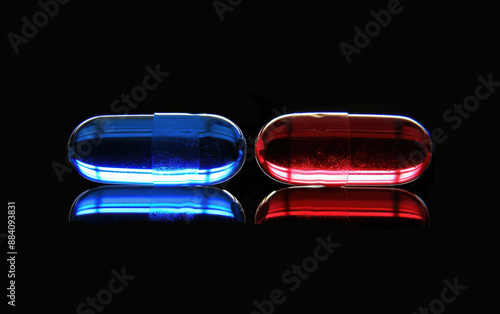 Wallpaper Mural Two glowing capsules, one blue and one red, reflecting on a shiny surface against a black background. Concept of choice, medicine, and decision making. Torontodigital.ca