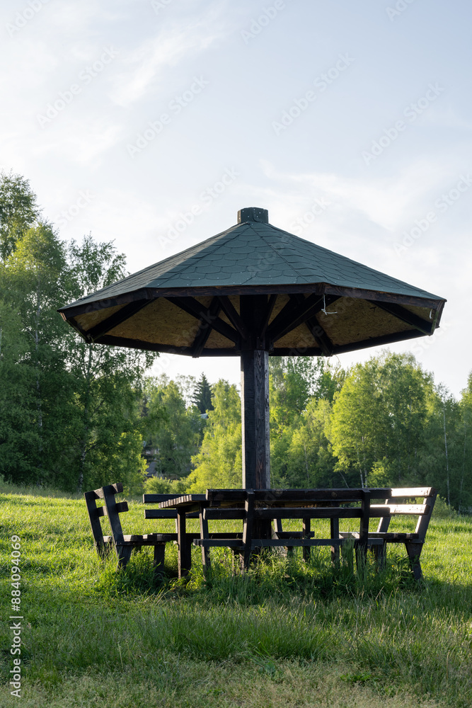 A wooden gazebo with a picnic table surrounded by greenery and tall grass, offering a serene outdoor setting. A wooden gazebo with a picnic table surrounded by greenery and tall grass, offering a serene outdoor setting.