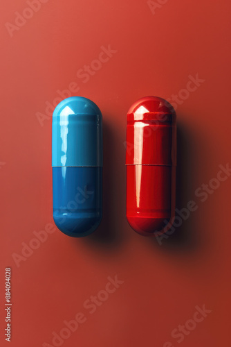 Close-up of blue and red capsules on a vibrant red background, symbolizing medicine, health choices, and pharmaceutical concepts in healthcare. photo