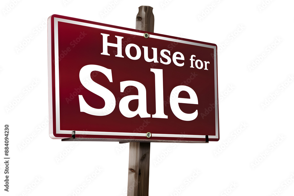 Obraz premium Isolated House for Sale Sign on Transparent Background with Wooden Post for Real Estate Advertising and Marketing Concepts