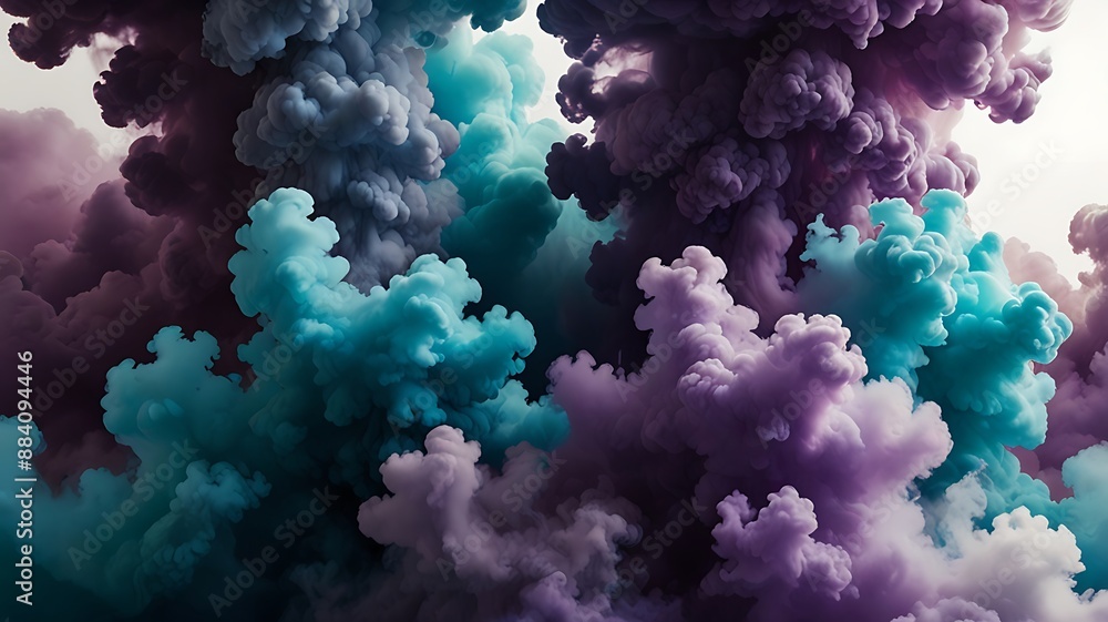 Fototapeta premium A blend of blue, teal, purple, and aqua smoke clouds, creating a mesmerizing and colorful effect on a white background