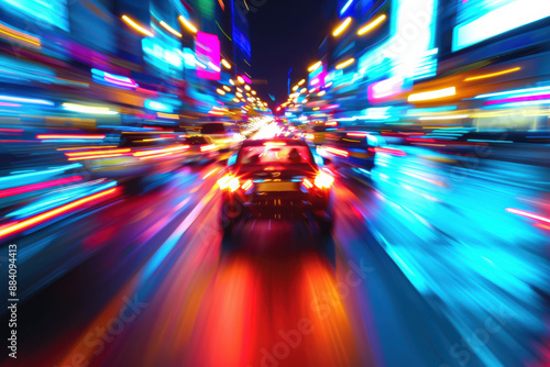 Blurred city lights at night with cars speeding, capturing urban energy and vibrant nightlife in a bustling metropolitan area.