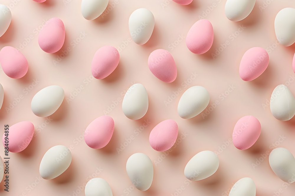 Pink and white candy eggs pattern on a pink background in a flat lay with a minimal concept photographed in a studio with lighting using a high resolution digital camera Pink and white candy eggs pattern on a pink background in a flat lay with a minimal concept photographed in a studio with lighting using a high resolution digital camera