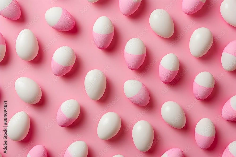 Pink and white candy eggs pattern on a pink background in a flat lay with a minimal concept photographed in a studio with lighting using a high resolution digital camera Pink and white candy eggs pattern on a pink background in a flat lay with a minimal concept photographed in a studio with lighting using a high resolution digital camera