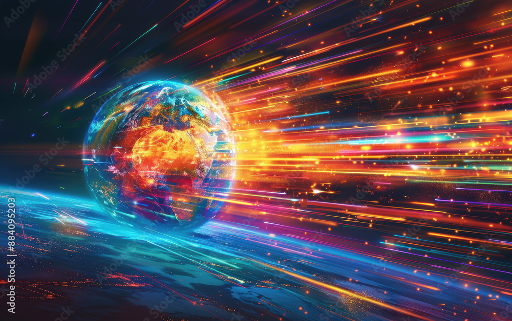 A vibrant digital artwork showcasing a dynamic and futuristic depiction of Earth with vibrant, colorful light streaks against a dark, cosmic background.