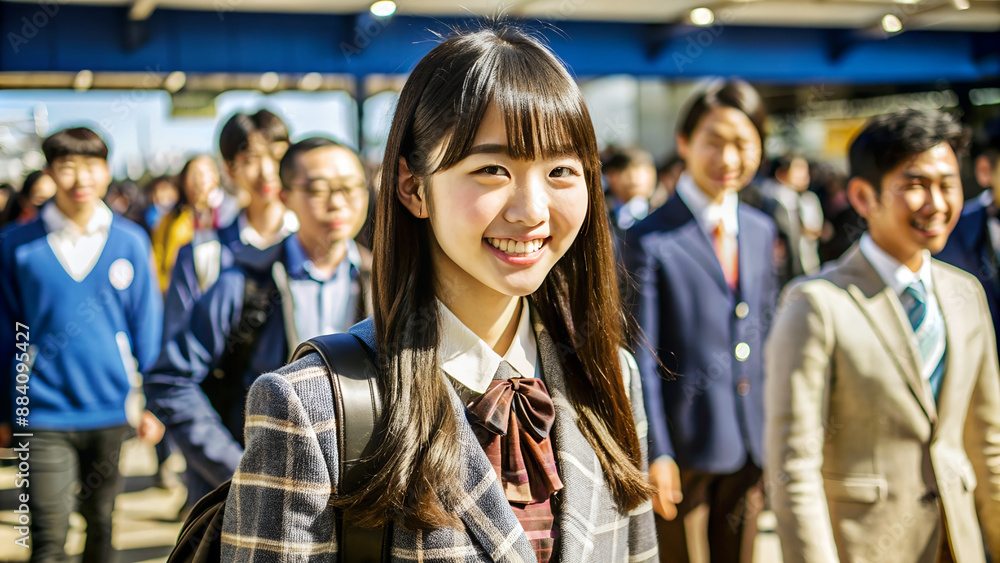 Obraz premium A beautiful Japanese school girl is walking across a zebra crossing. She turns her head and smiles at the camera