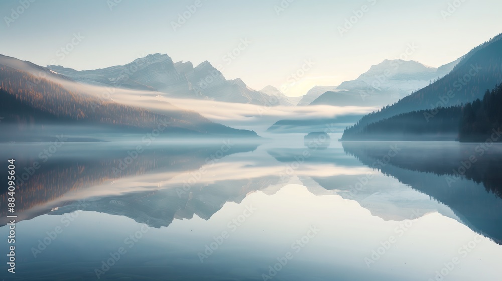A panoramic shot captures a serene mountain landscape reflected in a calm lake at sunrise with rolling mist. A panoramic shot captures a serene mountain landscape reflected in a calm lake at sunrise with rolling mist.