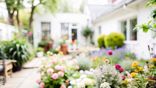 Fototapeta Naklejka Na Ścianę i Meble -  Home Garden Blur - Blurred background featuring a lush garden or backyard with plants and flowers.
