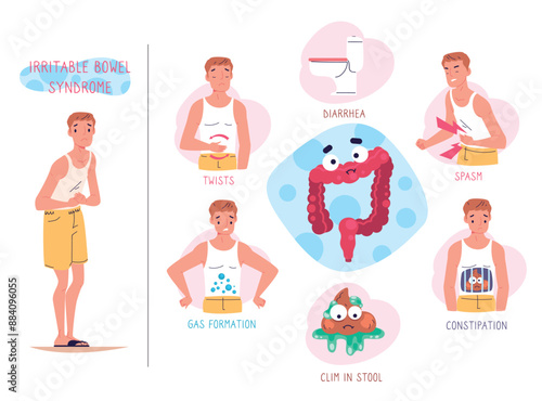 Ibs symptoms. Irritable bowel syndrome infographic, stomach digestive disease symptom diarrhea constipation infection chronic intestinal disorder, health classy vector illustration